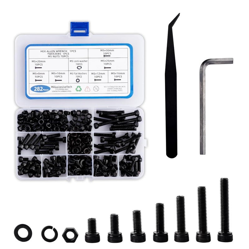 MklusiveTech 282 Pcs M5 Screw Metric Hex Socket Head Cap Bolts M5x8mm 10mm 12mm 16mm 20mm 25mm 30mm Washers Screws and Nuts High Strength Grade 12.9 Black Zinc Plated (Black 282Pcs M5(8mm-30mm)) - Image 1